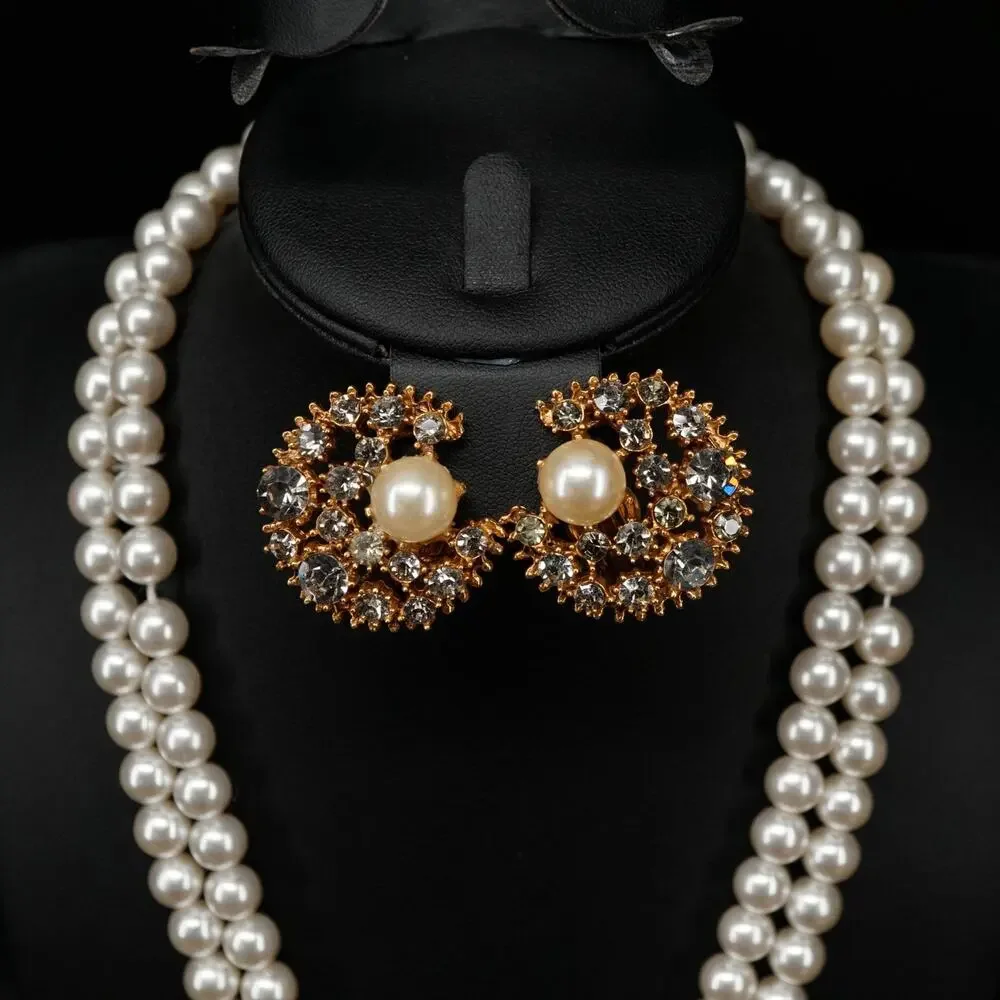 Vintage Hattie Carnegie 1940s Faux Pearl Rhinestone Necklace Earring Set Tassel